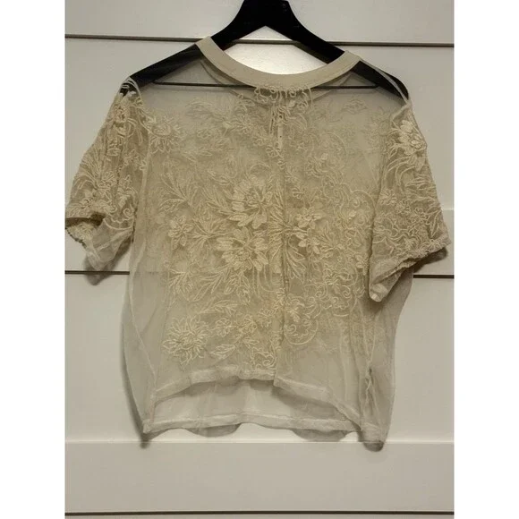 Anthropologie Short Sleeve Embroidered Mesh Top Ivory Size M - Picture 6 of 8